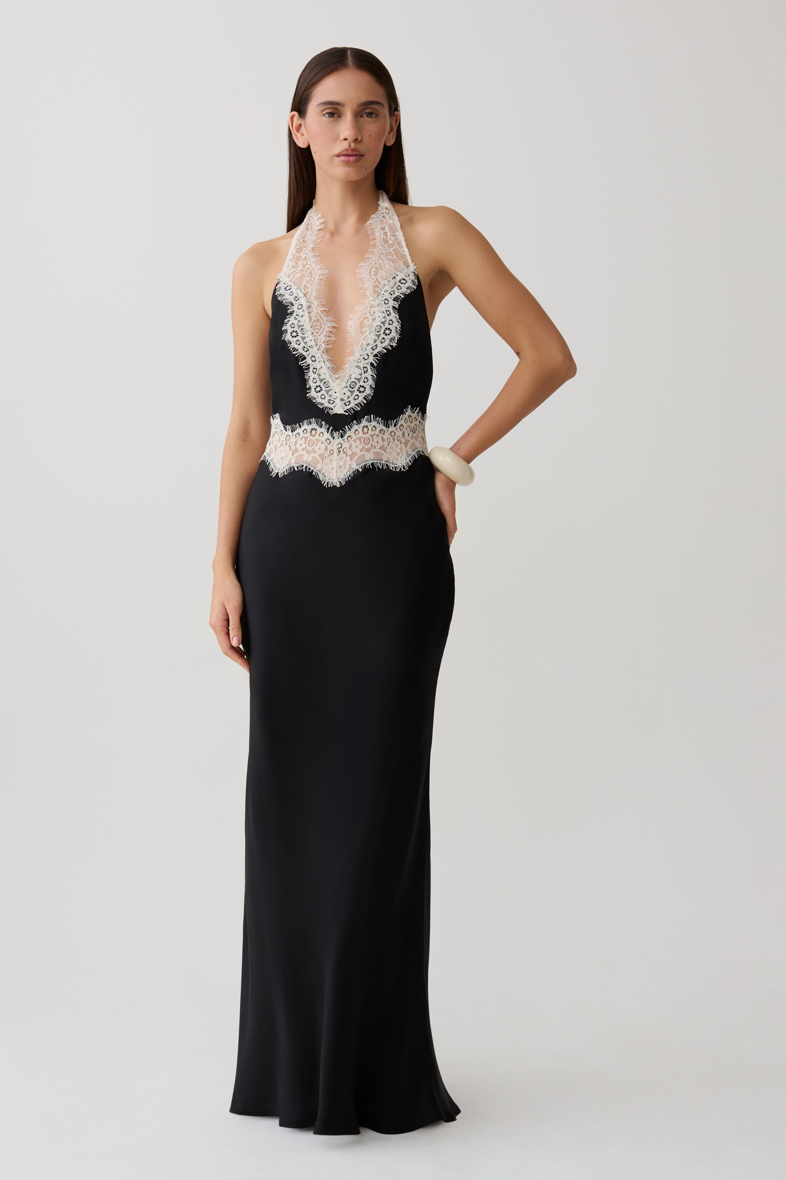 Satin Lace Halter Maxi Gown