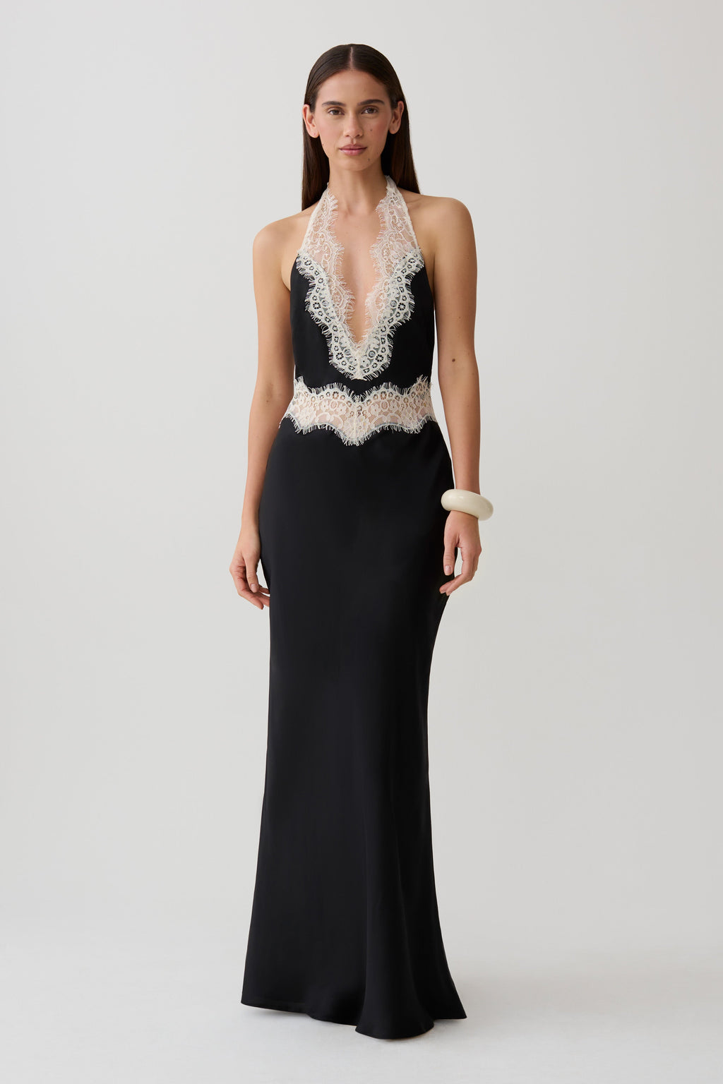 Satin Lace Halter Maxi Gown