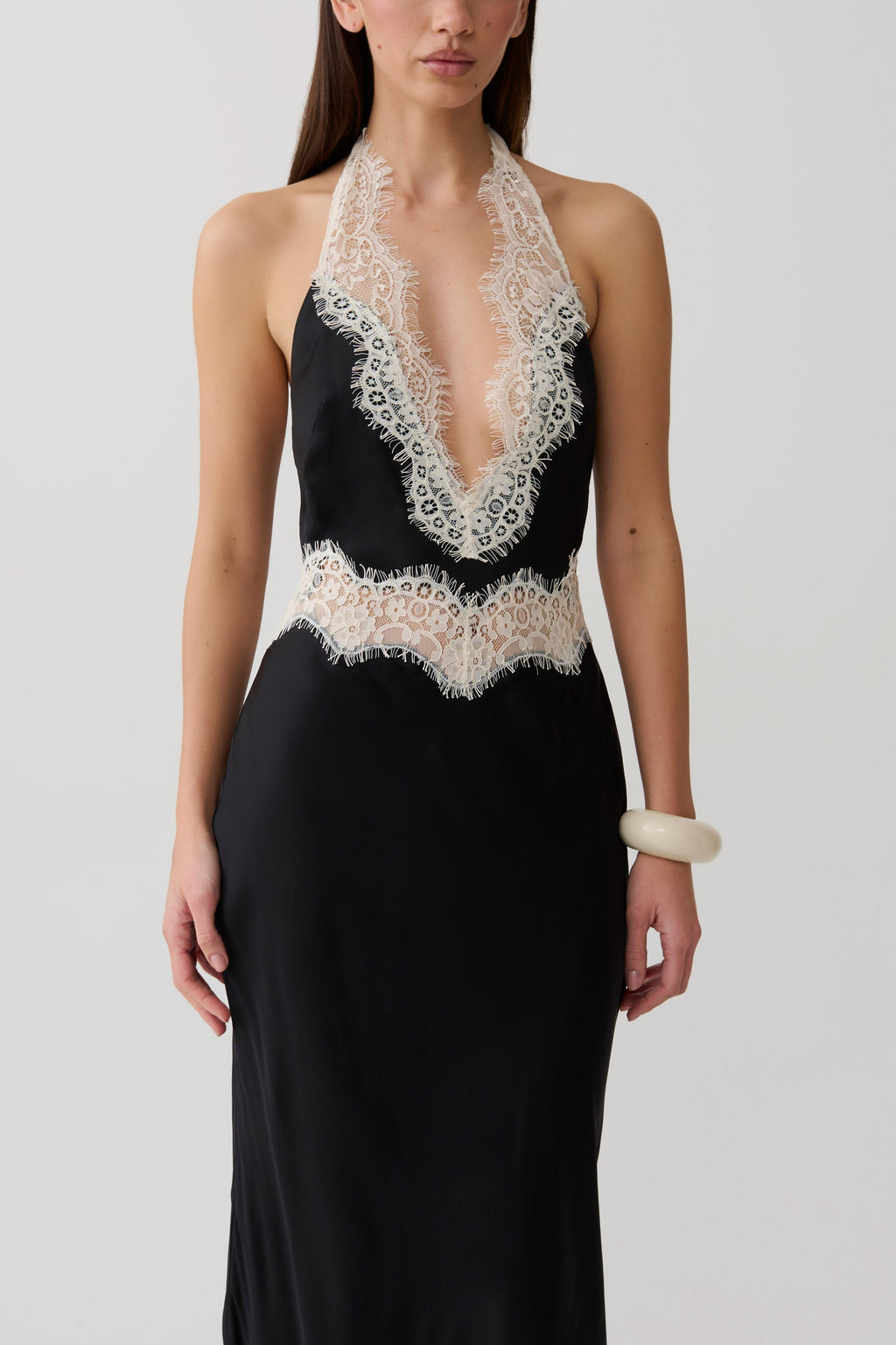 Satin Lace Halter Maxi Gown
