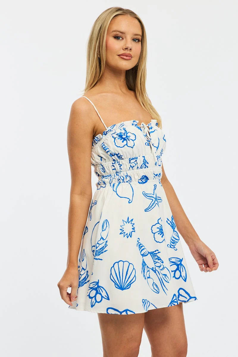 Blue Abstract Fit And Flare Dress Mini
