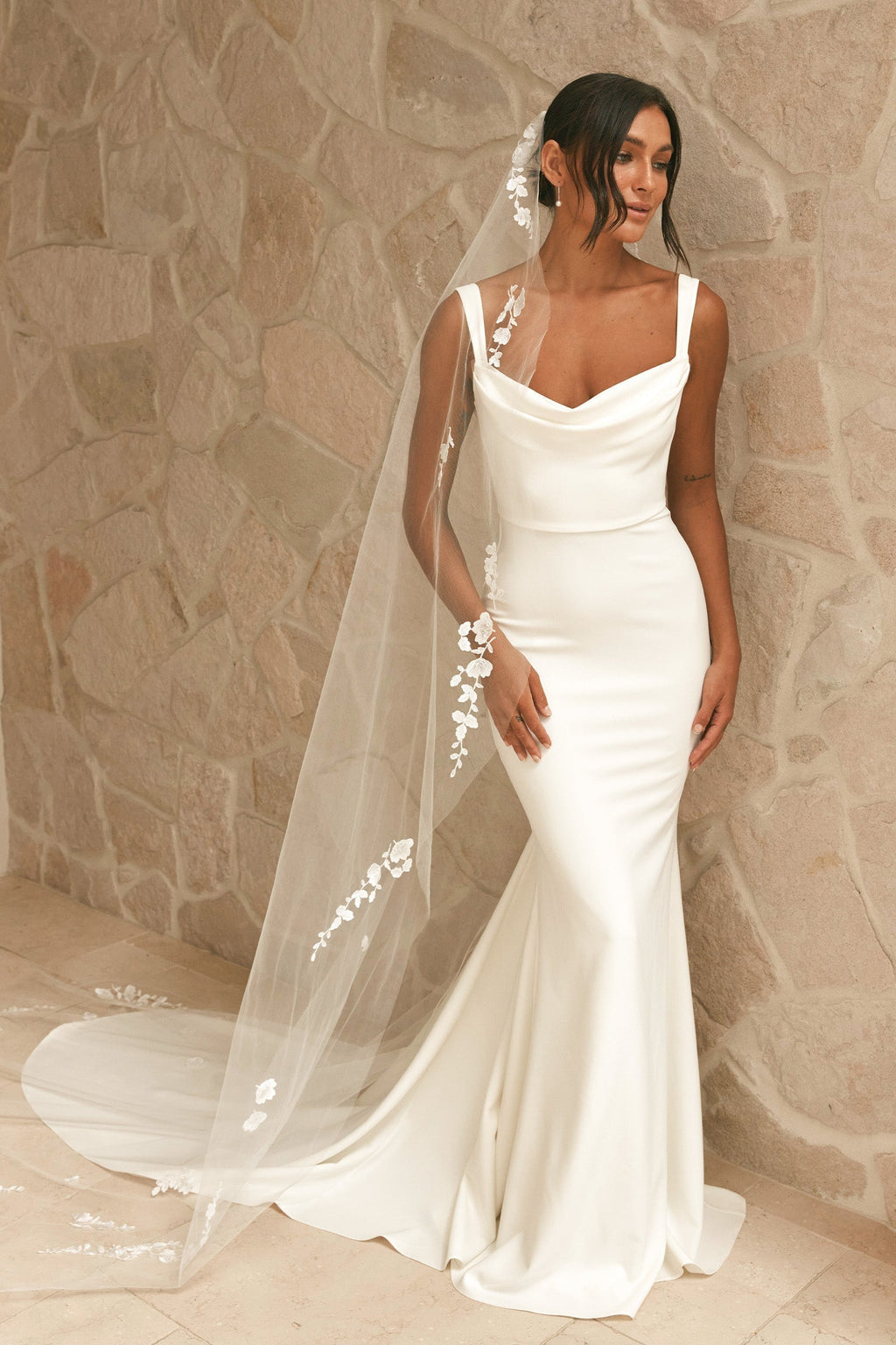 Cowl-Neck Crepe Wedding Gown