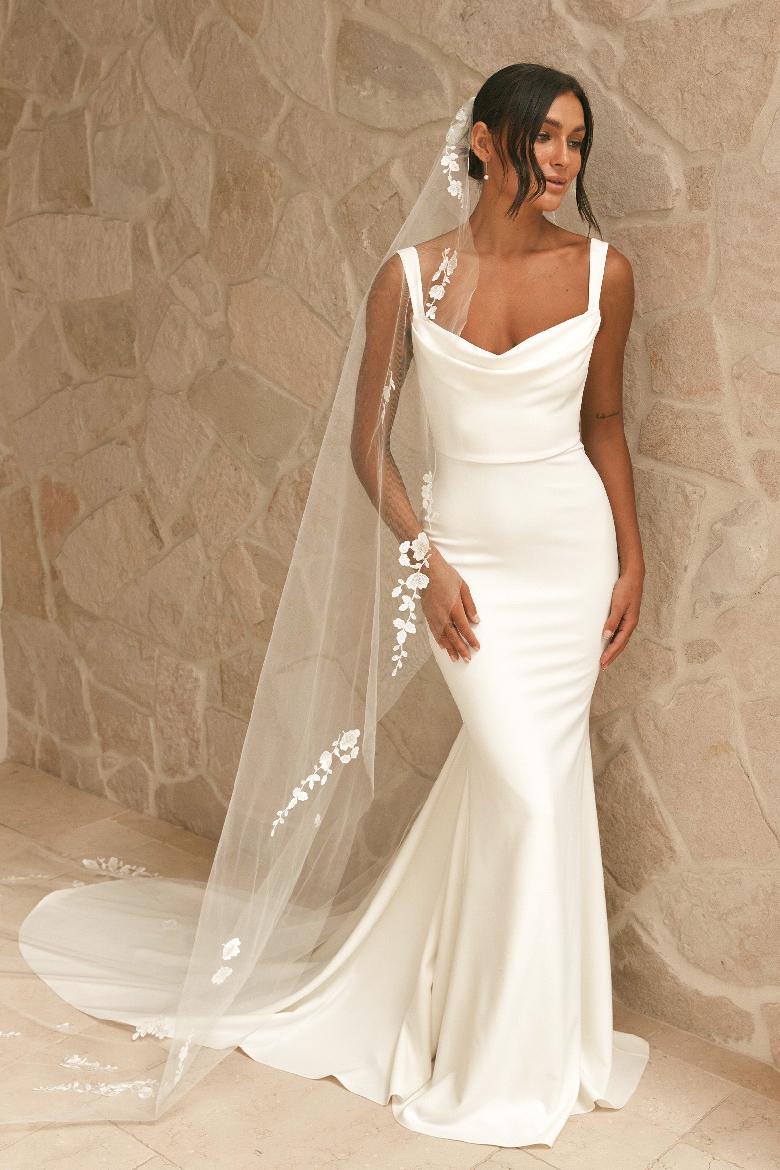 Cowl-Neck Crepe Wedding Gown